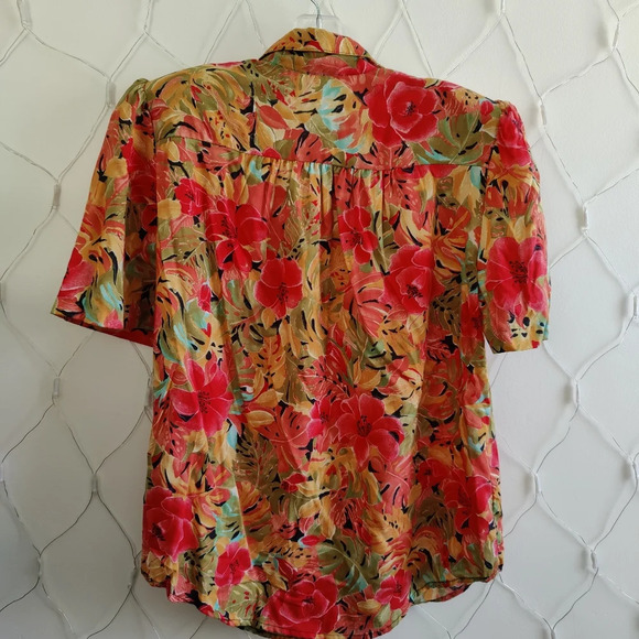 Vintage Floral Blouse / 80s / Red / Yellow & Green / Medium - Picture 4 of 5